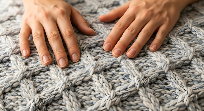 Close up of two hands touching a soft textured chunky knit wool blanket with diamond pattern
