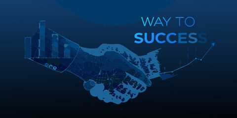 A handshake forming a cityscape with rising graph symbolizing success