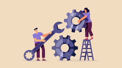 Teamwork and problem solving people working with gears and a wrench