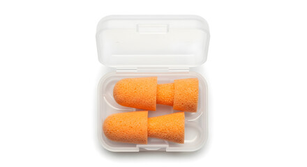 Soft orange foam earplugs for noise reduction and hearing protection in a clear plastic storage case, isolated on a white background