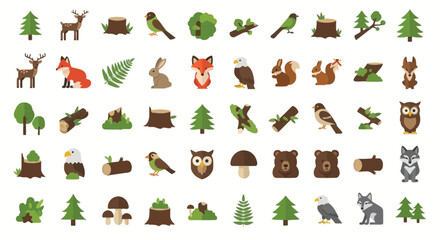 Vector illustration set featuring a diverse collection of forest animals and plants © punduh