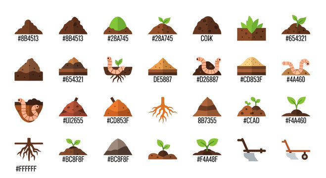 Vector illustration set of soil composition and plant growth stages with color codes