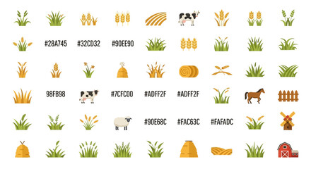 Farm illustration icons set with hay, wheat and animals depicting rural landscape © punduh