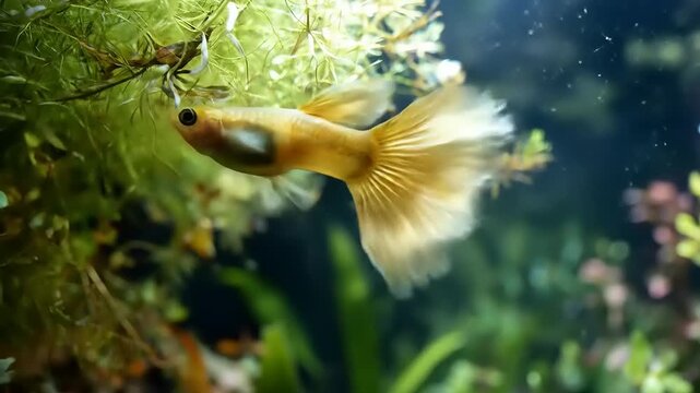 Close up of a vibrant guppy fish swimming in an aquarium environment