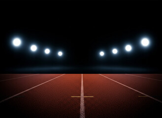 Empty Running Track Illuminated by Stadium Lights at Night