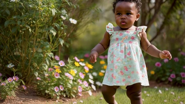 Cute black baby girl in floral print dress standing in a sunny summer garden with pink and yellow daisies and lush green foliage background