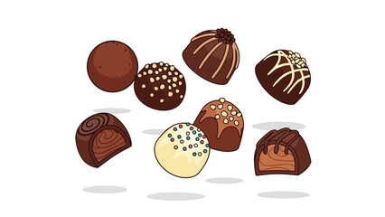 Fototapeta premium A delightful artistic portrayal of assorted gourmet chocolate confections and truffles, showcasing unique shapes, rich toppings, and delicious