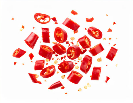 Vibrant chopped red chili peppers and seeds falling against a clean white background.