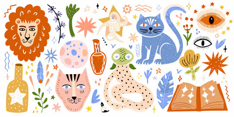 Whimsical illustration featuring a lion cat and various magical elements © Asit