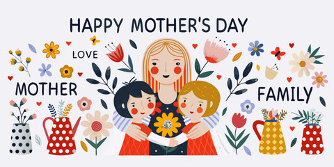Fototapeta premium Happy mother s day illustration featuring a family embracing floral elements