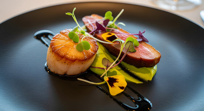 A beautifully presented dish of seared scallops and foie gras on a black plate with microgreens and sauce.