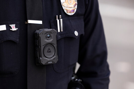 Los Angeles, California, USA - January 25, 2026: A Los Angeles Police Officer wears a body camera.