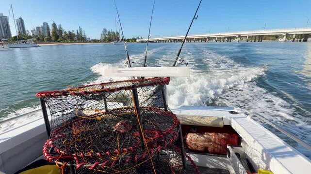 Fishing Boat Moving Through Broadwater Gold Coast with Crab Pots