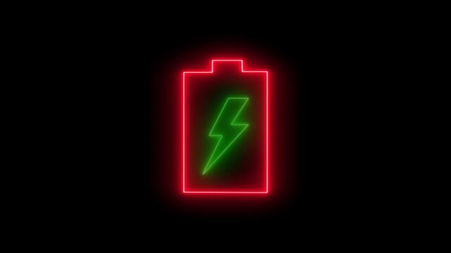 Neon battery charging icon with thunder
