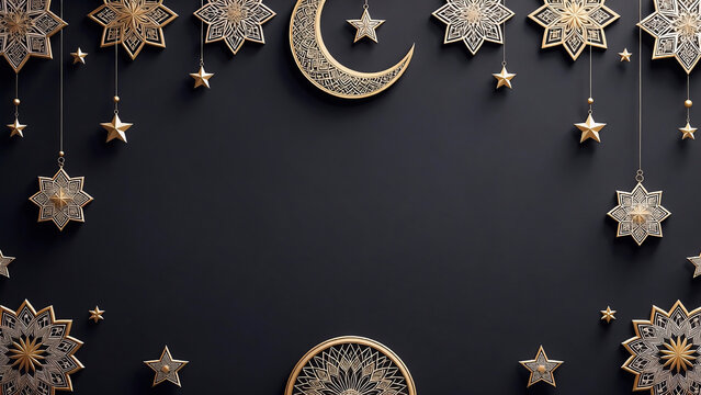 Elegant golden crescent and star decoration on dark background