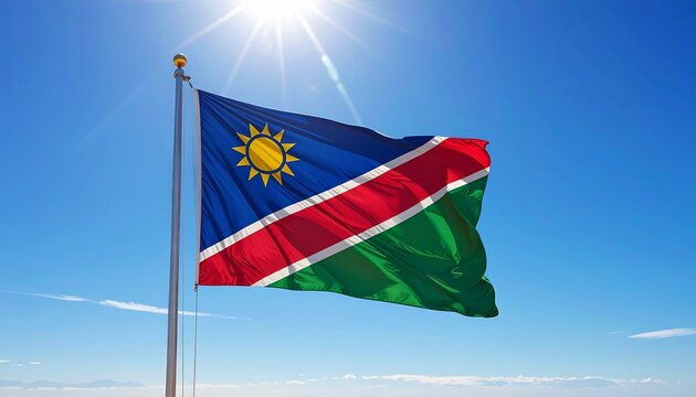 Realstic national flag of Namibia waving in the wind against a clear blue sky with sun glare