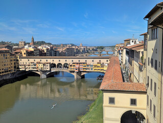 Aerial view of the Ponte Vecchio and the Vasari corridor in Florence, Italy