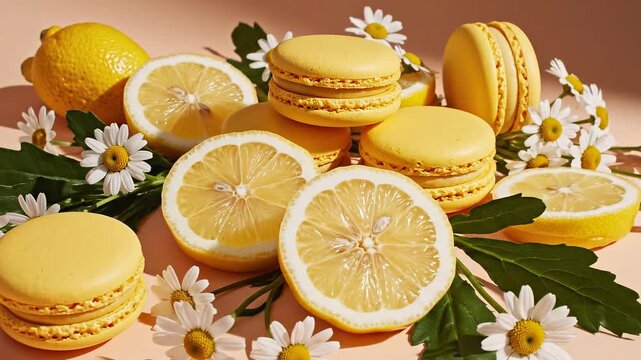 Delicious yellow macarons with fresh lemon slices and daisies on a table.