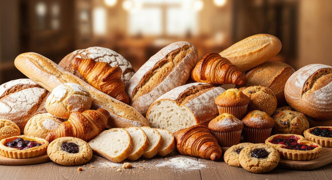A variety of baked goods, including loaves of bread, pastries, and muffins, arranged on a wooden table with a blurred background.
