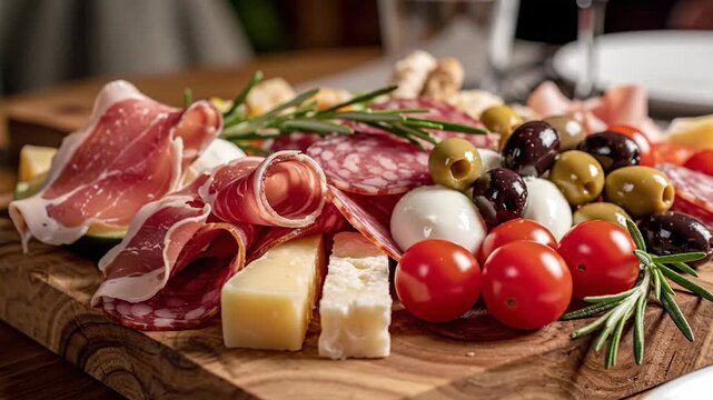 Close-up of a vibrant charcuterie board with cured meats, cheeses, olives, tomatoes, and herbs