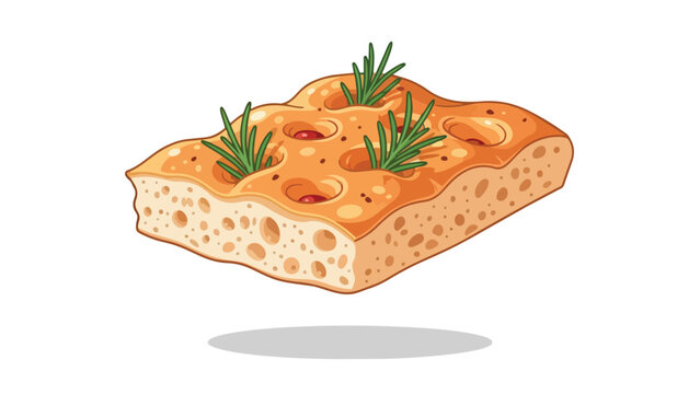 Digital illustration of golden focaccia bread, topped with fresh rosemary and savory olives, portraying bakery charm.