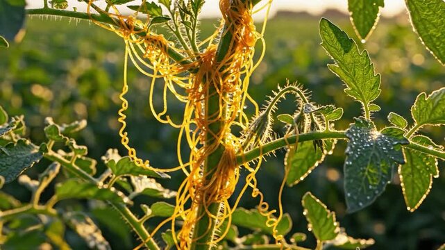 Morning sunlight brightly illuminates a green plant stem, entwined by golden parasitic vine