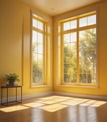 Fototapeta premium Bright yellow room with natural sunlight pouring through a large window on a sunny day , interior, sunlit