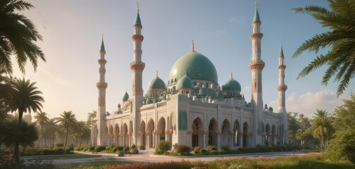 Naklejka premium Colorful grand mosque with tall domes and slender minarets surrounded by lush greenery, mosque, dome