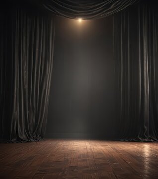Dark curtains draped down on a stage with spotlight shining up ,  light,  performance