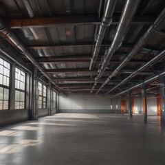 High ceiling exposed ductwork and metal beams,  modern design,  large windows