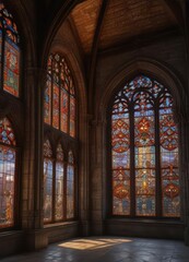 High ceiling with intricate stone carvings and stained glass windows at dusk,  architecture,  night