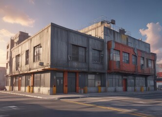 Naklejka premium Industrial building stands against concrete wall with city street in front and open sky behind , industrial complex, sky