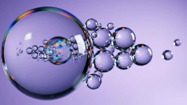 Transparent Soap Bubbles on Purple Background.