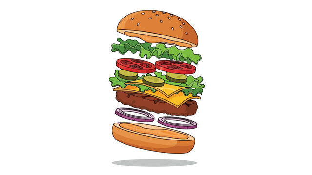 A vibrant vector illustration displaying a deconstructed cheeseburger with fresh ingredients suspended mid-air, a dynamic visual for culinary food
