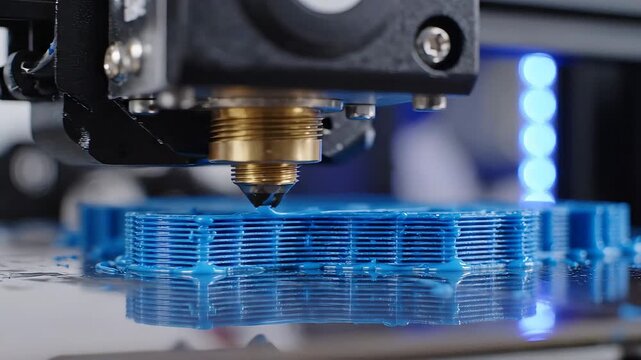Close-up view of a modern FDM 3D printer actively manufacturing a complex blue plastic object with precision layering, showcasing advanced additive manufacturing technology and rapid prototyping in a.