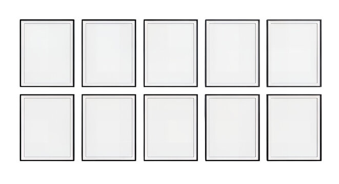 Grid of ten blank white canvases or frames, arranged in two rows of five, isolated on black background, perfect for collage or gallery mockups.
