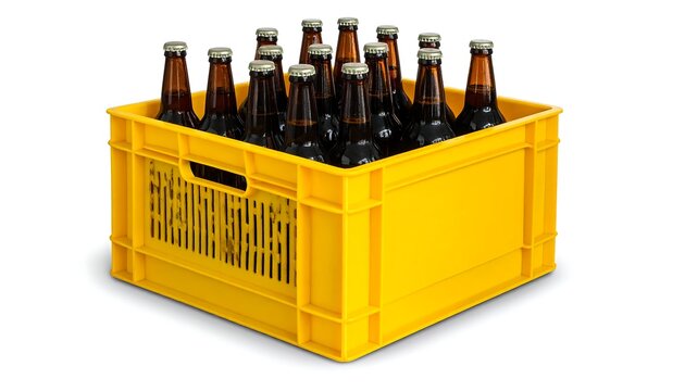 Group of brown bottled drinks in a bright yellow plastic crate, isolated on white background