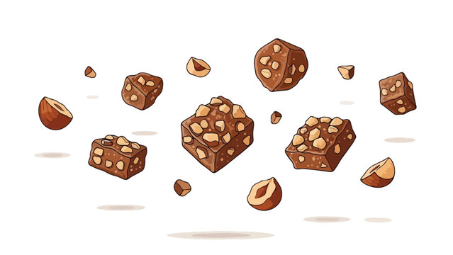 Artistic illustration of irresistible chocolate hazelnut fudge cubes and scattered nuts levitating playfully, showcasing a delightful confectionery