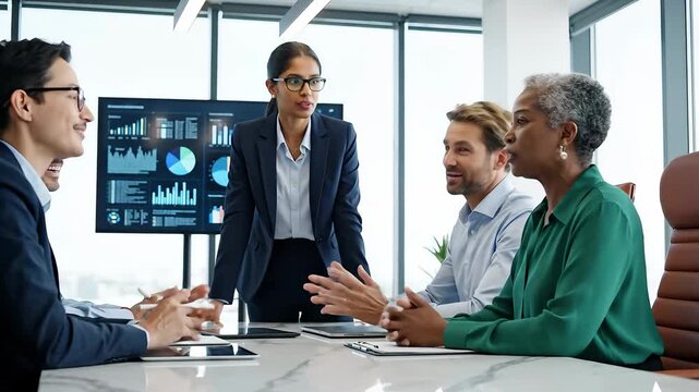 Diverse business professionals engage in a productive meeting, collaborating on data analysis and strategic planning in a modern corporate office, with a female leader presenting insights on a large .
