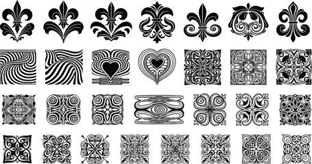 Decorative ornamental pattern vector set with fleur de lis symbols and intricate geometric square designs isolated on white background illustration © tofajjol studio