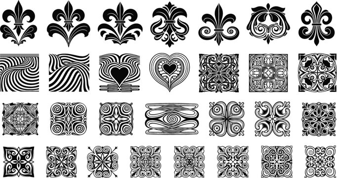 Decorative ornamental pattern vector set with fleur de lis symbols and intricate geometric square designs isolated on white background illustration