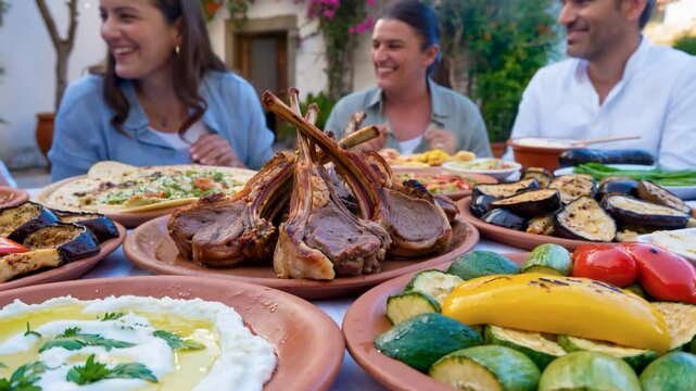 A happy, diverse group of four friends laughing and talking while enjoying an outdoor Mediterranean feast featuring grilled lamb chops, roasted vegetables, and fresh dips on a terrace