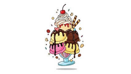 A vibrant cartoon illustration of a towering multi-scoop ice cream sundae with rich toppings.