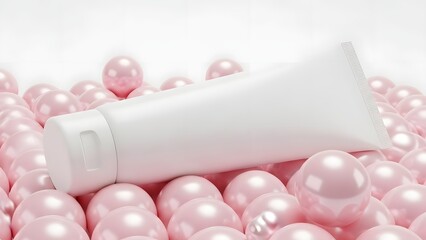 White Cosmetic Tube Mockup on Pink Pearlescent Spheres