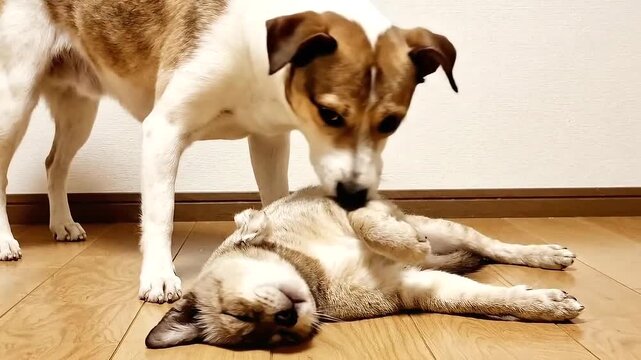 Two dogs on wooden floor inside.