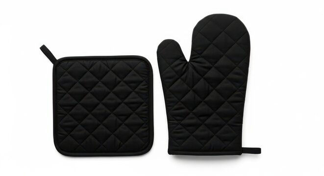 Black quilted oven mitt and potholder set