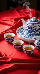 Fototapeta premium Traditional blue and white porcelain tea set rests upon vibrant red draped fabric, releasing wisps of steam.