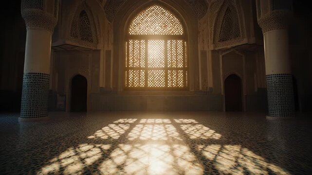 Sunlight streams through an ornate arched window casting intricate shadows on the floor of an empty grand hall