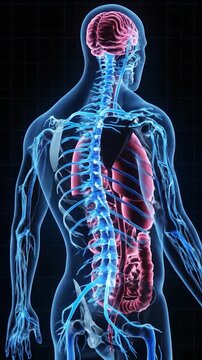 A 3D illustration of the human circulatory and digestive systems against a grid