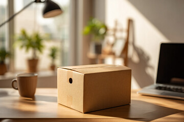 Fototapeta premium Cardboard packaging box mockup on wooden desk with laptop, coffee mug and plant, minimalist remote‑work setup, soft natural lighting